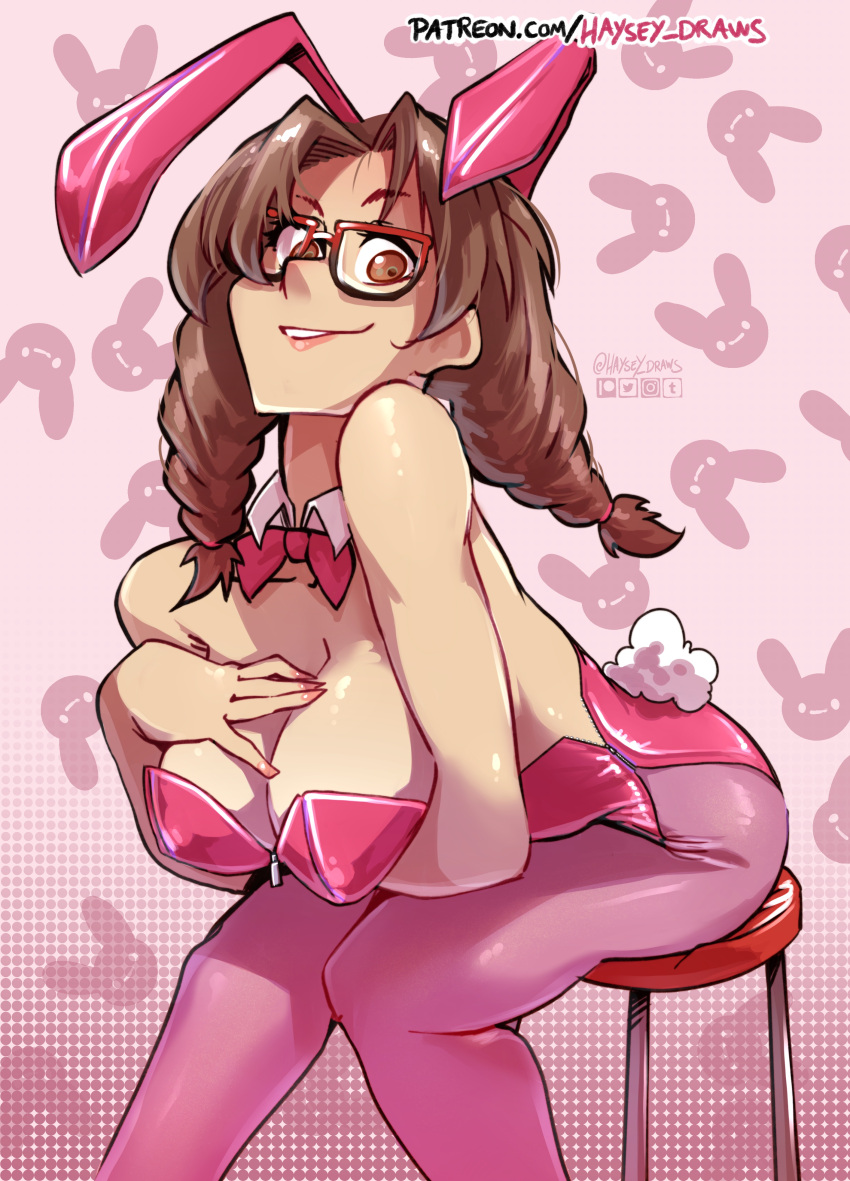 1girl alluring big_breasts brown_eyes brown_hair brunette bunny_ears bunnysuit cleavage glasses haysey_draws julia_chang leggings looking_at_viewer namco tekken tekken_7 tekken_tag_tournament_2 twin_tails