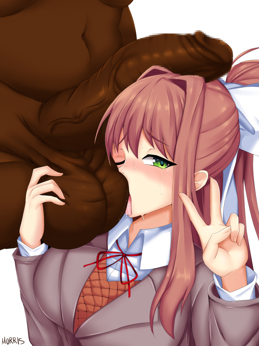 1boy 1girl ball_lick ball_sucking ball_worship ballsack bangs bbc big_balls big_penis brown_hair censored close-up dark-skinned_male dark_skin doki_doki_literature_club eyebrows_visible_through_hair fellatio female_focus femsub flaccid green_eyes huge_cock interracial licking_testicles long_hair male/female maledom monika_(doki_doki_literature_club) morris morris1611 mosaic_censoring netorare ntr oral pale-skinned_female pale_skin penis penis_on_head pink_hair saliva selfpic sex sidelocks signature solo_focus straight sucking_testicles sweat testicles thick_penis v veiny_penis