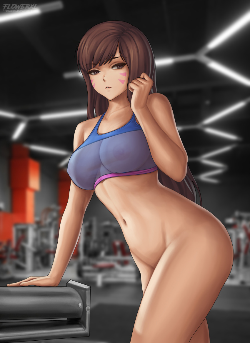 1girl 2d adapted_costume arm_support artist_logo bangs blizzard_entertainment blue_sports_bra blurry blurry_background bottomless breasts brown_eyes brown_hair clenched_hand collarbone cowboy_shot d.va detailed_background exercise_machine facepaint facial_mark female_only flowerxl gym hana_song indoors long_hair looking_at_viewer medium_breasts midriff navel no_headwear overwatch overwatch_2 parted_lips pussy skin_tight sports_bra swept_bangs tight tight_pants whisker_markings