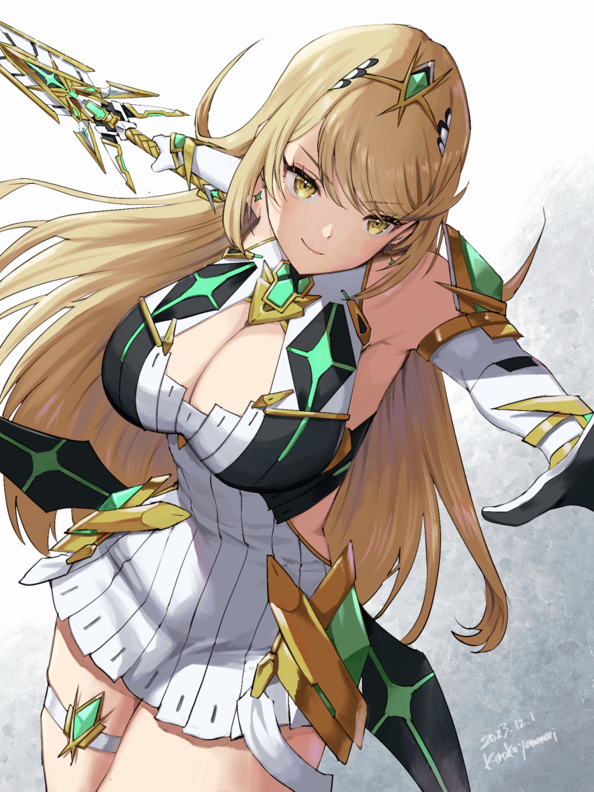 1girl aegis_sword_(xenoblade) alluring big_breasts blonde_hair cleavage clothed mythra nintendo sword weapon xenoblade_(series) xenoblade_chronicles_2 yamamori_kinako yellow_eyes