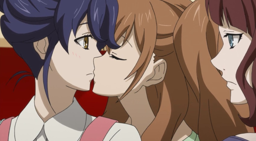 3girls anime blue_eyes blue_hair blush brown_hair closed_eyes female friends hair hair_up kiss kissing long_hair looking_at_another love mari_maya maya_mari misawa_mizuki mizuki_misawa moe_morita morita_moe multiple_girls neck purple_hair samurai_flamenco serious short_hair yellow_eyes yuri