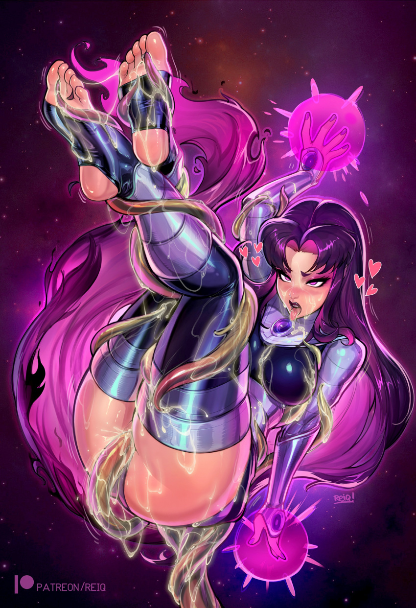 1girl armored_gloves artist_name ass big_breasts blackfire breasts clothed clothed_breasts clothed_female clothing comic_book_character dc_comics feet feet_up female_focus female_only komand'r legs legs_up lipstick long_hair looking_at_viewer panties pantyshot pink_hair purple_background purple_eyes purple_hair purple_lipstick reiq shiny shiny_skin smile solo_female solo_focus stockings teen_titans tentacle thick_thighs thighs tight_clothes tight_clothing toe_ring toeless_legwear very_long_hair