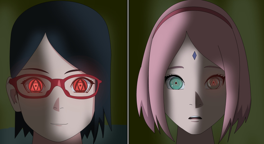 2_girls black_hair boruto:_naruto_next_generations glasses green_eyes incest mother_&_daughter optimystic11 pink_hair red_eyes sakura_haruno sarada_uchiha sharingan yuri