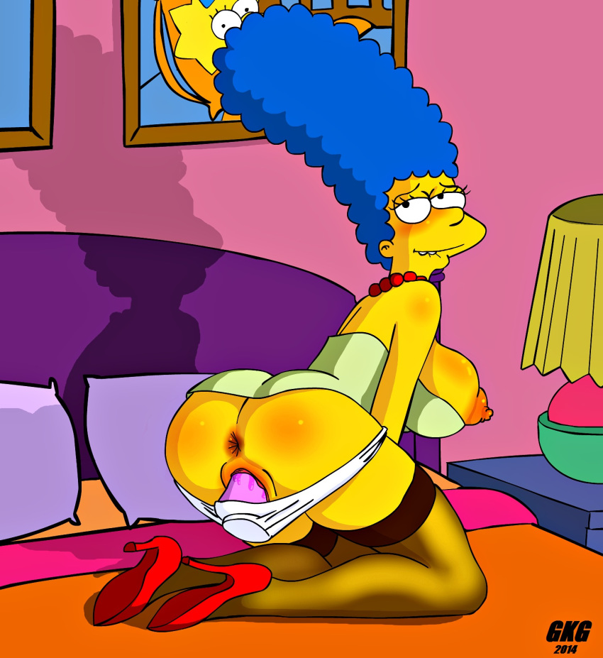 2014 anus ass bed blush breasts dildo dildo_under_panties gkg heels lamp lampshade lip_bite marge_simpson panties pearls pussy shadow stockings the_simpsons underwear yellow_skin