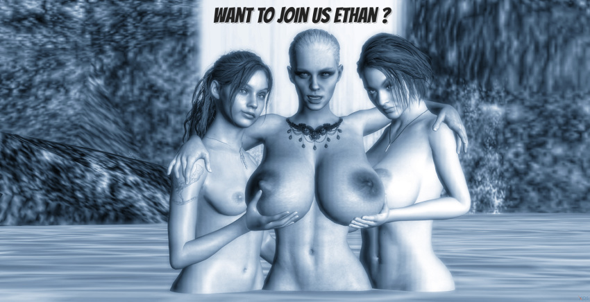 3_girls 3d abs areola arm_tattoo arms_around_shoulder belly belly_button big_breasts black_and_white claire_redfield cyberbrian360 erect_nipples eye_contact eyebrows eyelashes eyeliner eyes eyeshadow games holding_breasts hot_spring huge_breasts human jewelry jill_valentine lips lipstick long_hair looking_at_viewer makeup mother_miranda mouth mouth_open navel necklace nude nude_female open_mouth outdoor outdoor_nudity outside ponytail posing posing_nude render resident_evil resident_evil_2 resident_evil_2_remake resident_evil_3 resident_evil_3_remake resident_evil_8:_village rock scene scenery short_hair small_breasts standing standing_in_water standing_up stomach tattoo tease teasing teeth threesome video_games water waterfall xnalara xps yuri