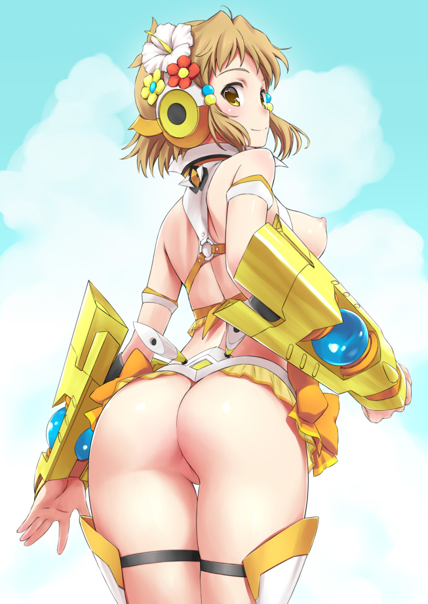 1girl 1girl 1girl ass breasts brown_hair flower from_behind hair_flower hair_ornament headphones high_resolution large_ass light_brown_hair looking_at_viewer looking_back microskirt nipples orange_eyes senki_zesshou_symphogear short_hair skirt smile tachibana_hibiki tamahiyo thighs viewed_from_behind viewed_from_below