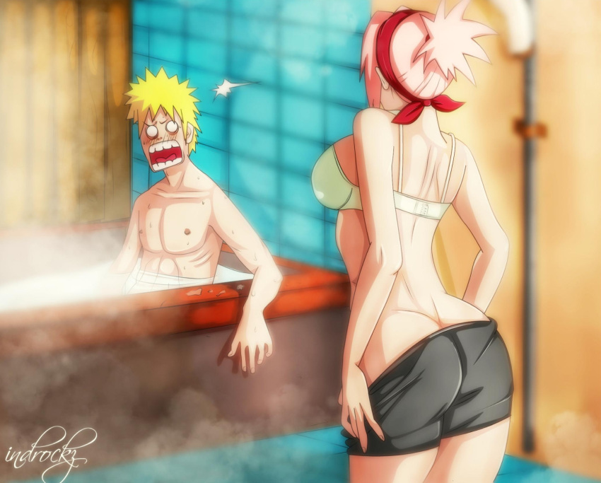 ass bathing blonde_hair fair-skinned_female green_eyes indrockz kunoichi medium_breasts naruto naruto_(series) naruto_shippuden naruto_uzumaki pink_hair sakura_haruno undressing