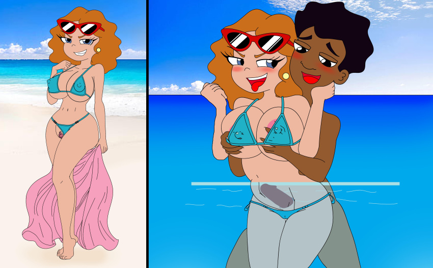 1boy 1girl barefoot beach bra breast_grab breasts dark-skinned_male dark_skin disney disney_channel disney_xd earrings eyebrows eyelashes feet ferozyraptor melissa_chase milo_murphy's_law nude_beach panties pussy sunglasses toes towel water x-ray zack_underwood