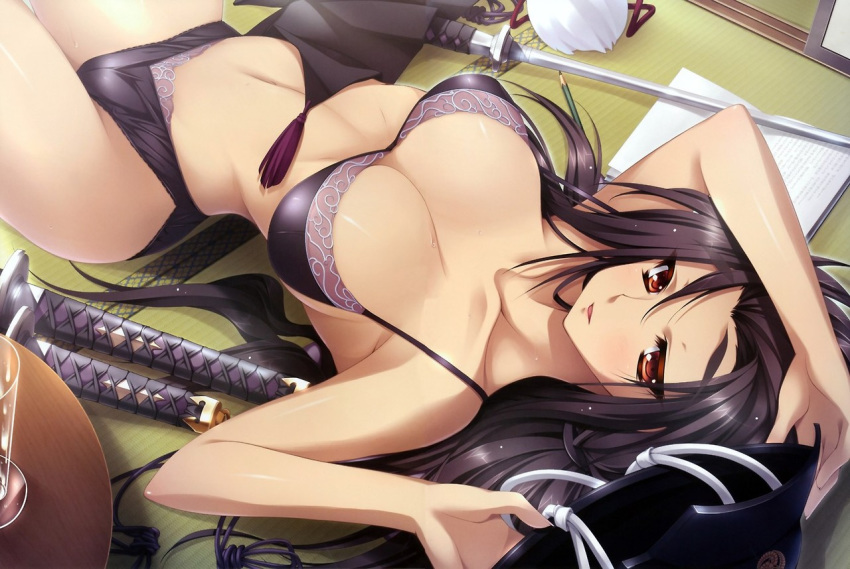 1girl absurdres appare!_tenka_gomen black_bra black_hair black_panties bra breasts cleavage crease hasegawa_taira helmet highres katagiri_hinata large_breasts long_hair lying navel on_back panties red_eyes scan solo sword underwear weapon