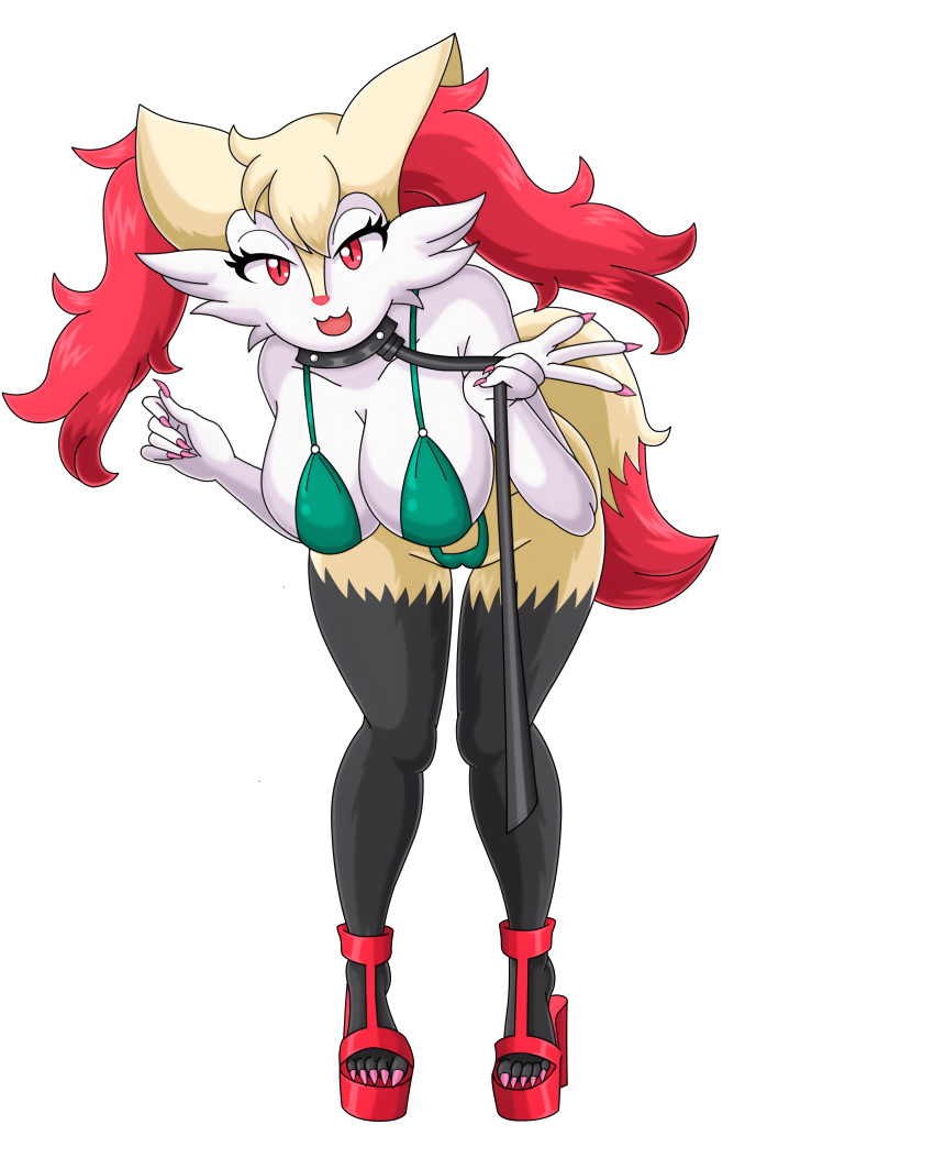 1girl avian big_ass big_breasts bikini blaziken blaziken_(pokemon) braixen bursyamo_(pokemon) canine chicken claws collar creatures_(company) fire_type_pokemon fox game_freak gen_3_pokemon green_bikini multicolored_fur nintendo platform_shoes pokemon pokemon_(anime) pokemon_(creature) pokemon_(game) pokemon_(species) pokemon_firered_and_leafgreen pokemon_frlg pokemon_omega_ruby_&_alpha_sapphire pokemon_oras porkyman posing red_fur satosatori talons white_skin yellow_sclera yellow_skin