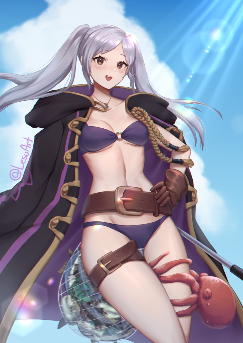 1girl 1girl 1girl :d absurd_res alluring alternate_costume belt bikini blue_sky blush breasts brown_eyes brown_gloves cloud coat collarbone cowboy_shot female_only fire_emblem fire_emblem_awakening fire_emblem_heroes fish gloves grey_hair high_res leg_belt lesu linea_alba long_hair long_sleeves looking_at_viewer medium_breasts navel net nintendo o-ring o-ring_bikini octopus official_alternate_costume open_mouth outside purple_bikini purple_swimsuit robin_(female)_(fire_emblem) robin_(female)_(summer)_(fire_emblem) robin_(fire_emblem) robin_(fire_emblem)_(female) sky smile sunlight swimsuit thigh_gap thigh_strap twin_tails twitter_username