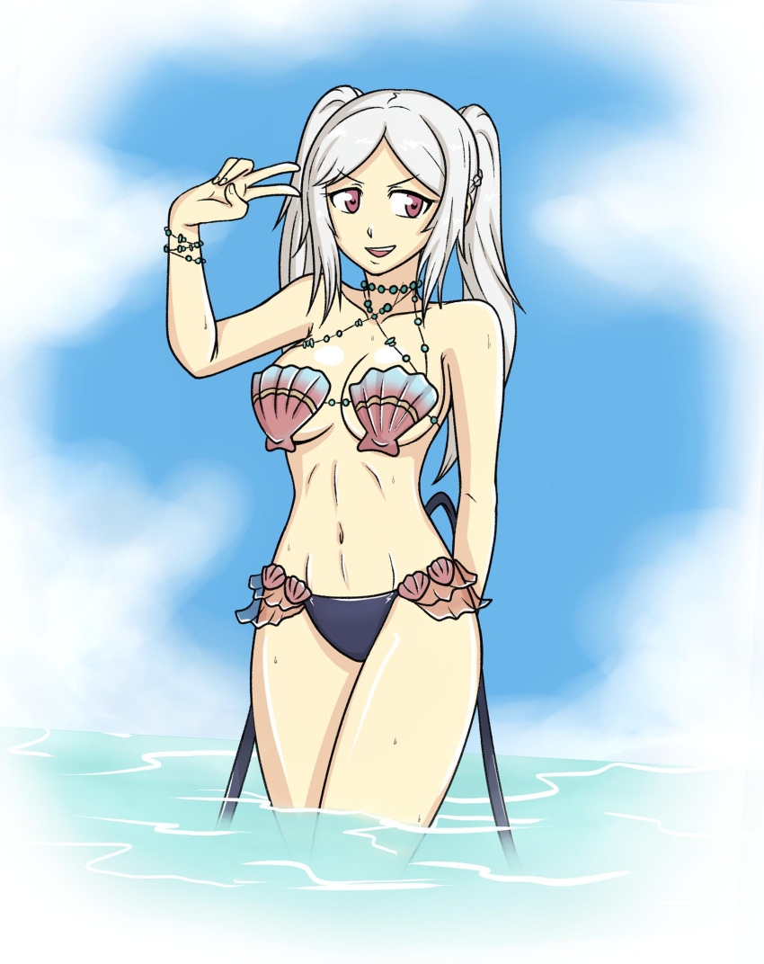 1girl alluring bikini breasts female_only fire_emblem fire_emblem_awakening fire_emblem_cipher hayato_stuff nintendo ocean partially_submerged purple_eyes robin_(fire_emblem) robin_(fire_emblem)_(female) sea seashell_bra silver_hair swimsuit water