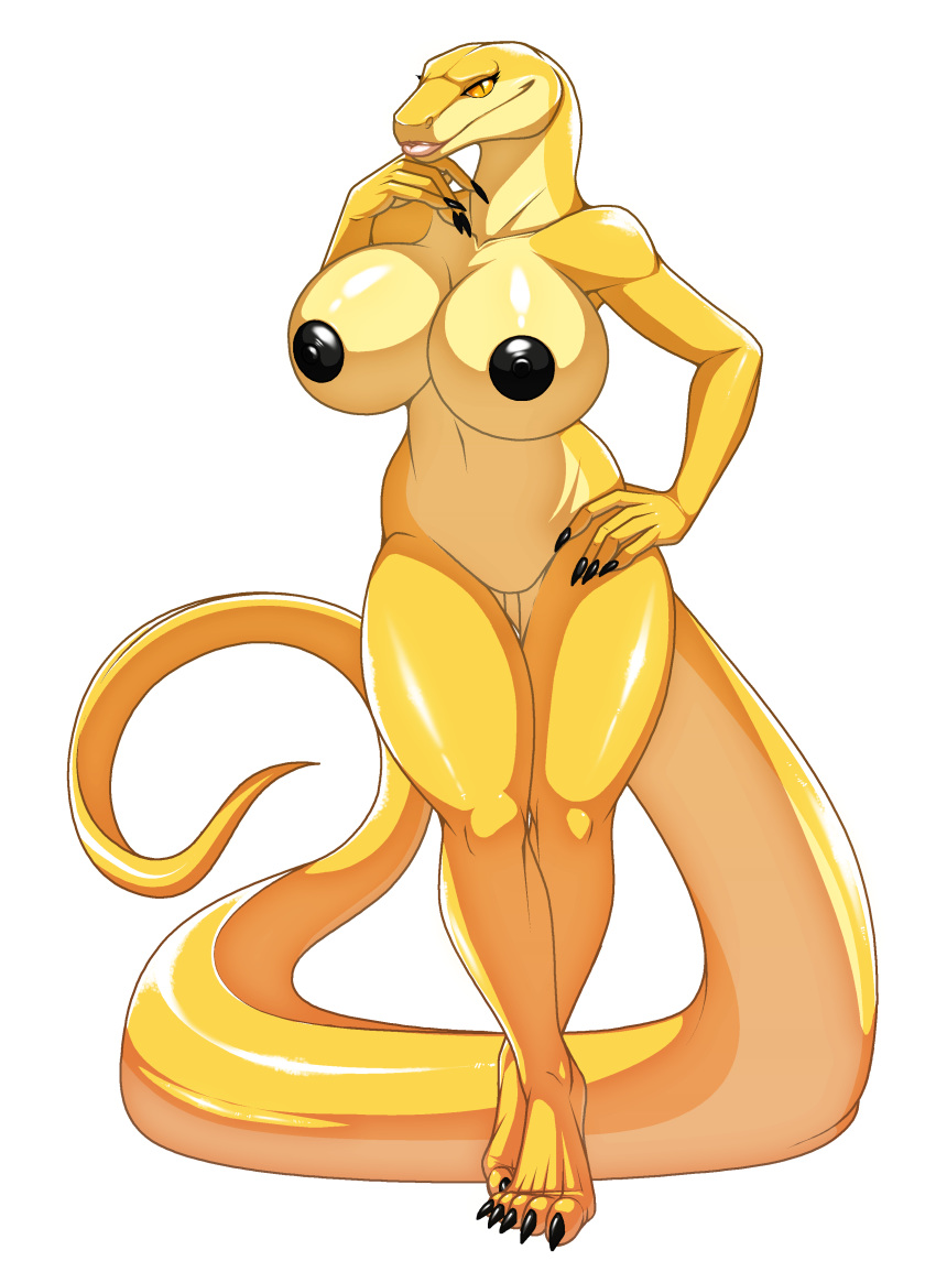 2014 absurd_res alpha_channel anthro big_breasts black_nipples breasts claws female hi_res hindpaw huge_breasts lips looking_at_viewer navel nipples nude orange_eyes paws pink_lips reptile scalie shiny shiny_skin smile snake solo standing thighs walter_sache yellow_eyes yellow_skin