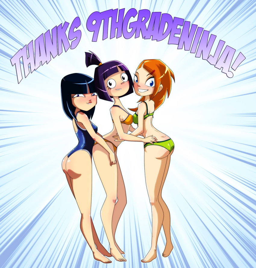 3girls ass bikini black_eyes blue_eyes blue_hair blush bubble_butt disney erohd female heidi_weinerman long_hair orange_hair ponytail purple_hair randy_cunningham:_9th_grade_ninja short_hair smile swimsuit theresa_fowler