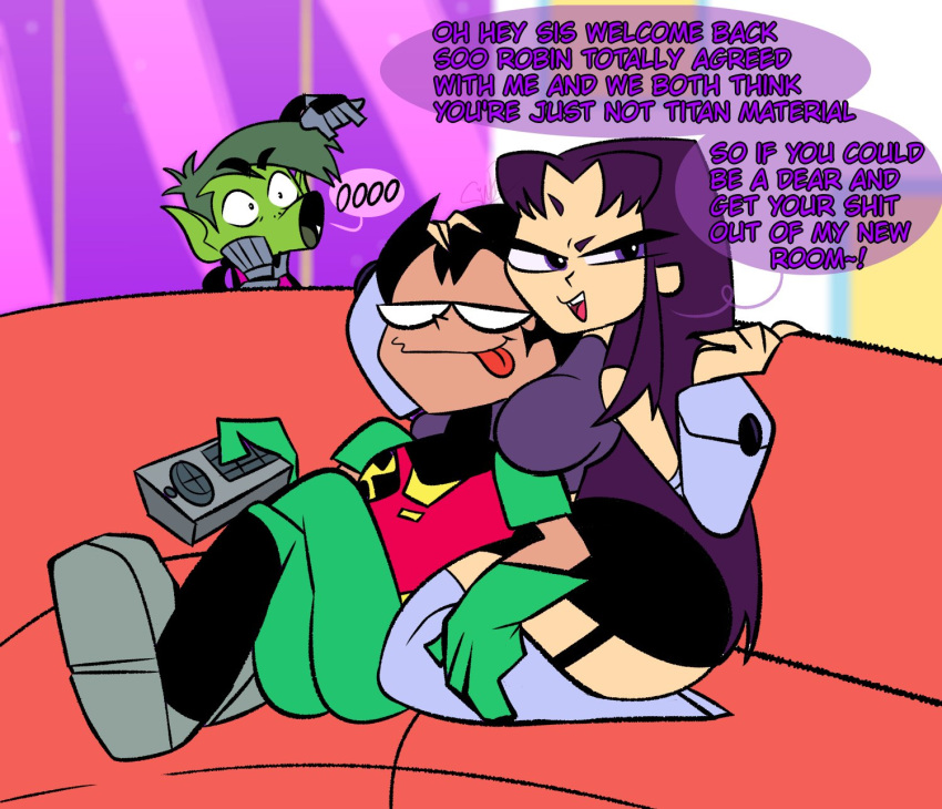 1girl 2boys beast_boy big_breasts black_hair blackfire cartoon_network dc_comics dick_grayson english_text garfield_logan komand'r light-skinned_female light-skinned_male light_skin pixelzsinful purple_eyes purple_hair robin speech_bubble tagme teen_titans teen_titans_go text