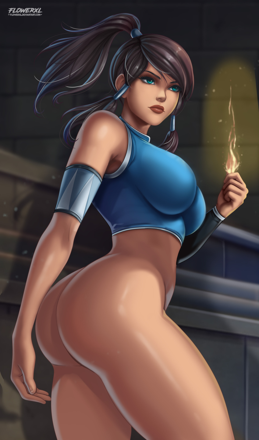 17:10 1girl big_breasts big_butt blue_shirt bottomless bottomless_female breasts dark-skinned_female dat_ass eskimo female_focus female_human female_only fire fire_manipulation flowerxl high_res inside korra patreon patreon_paid patreon_reward the_legend_of_korra the_legend_of_korra* watermark