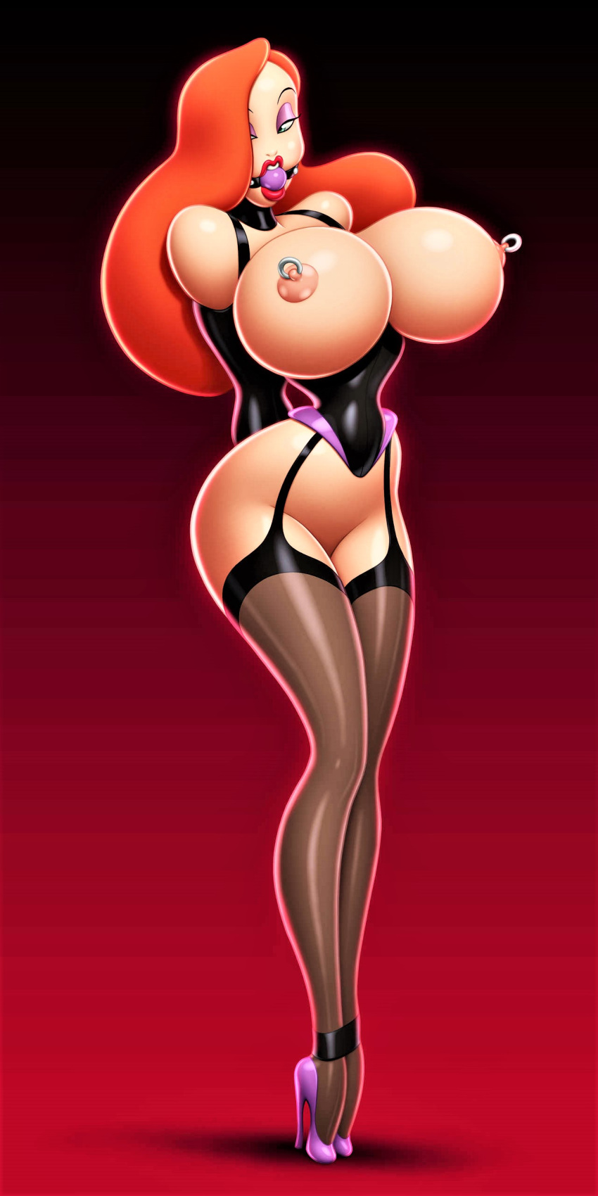 ass ball_gag bondage corset disney drew_gardner_(artist) high_heels huge_breasts jessica_rabbit nipple_piercing nipple_rings piercing stockings thighs who_framed_roger_rabbit