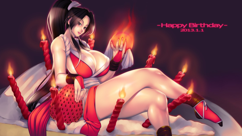 16:9 1920x1080 1_girl 1girl 2013 areolae bare_shoulders barefoot big_breasts birthday birthday_cake black_eyes black_hair breasts brown_eyes brown_hair cake candle cleavage collarbone covered_nipples cream dated erect_nipples fatal_fury feet female fire food fruit happy_birthday highres huge_breasts king_of_fighters konekonewasabii legs legs_crossed lipstick long_hair long_legs long_ponytail looking_at_viewer mai_shiranui makeup naughty_face nipples nude ponytail shiranui_mai sitting smile socks solo strawberry thighs toes wallpaper wasabi_konekone