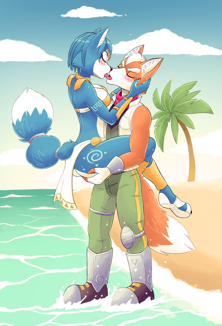 1girl 2022 absurd_res anthro ass beach blue_body blue_fur blue_hair blush bottomwear bra breasts canid canine canon_couple closed_eyes clothed clothing detailed_background duo fox fox_mccloud french_kissing fur hair high_res holding_partner kissing krystal loincloth love male mammal markings naaraskettu nintendo outside romantic romantic_couple seaside sky star_fox tongue tongue_out underwear video_games