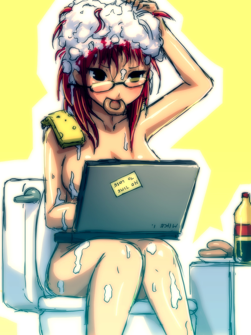 1girl bath black_eyes cola computer doughnut english food glasses highres laptop manyakis mike_inel mouth_hold multitasking nifoc nude original red_hair shampoo sitting soda solo sponge toilet