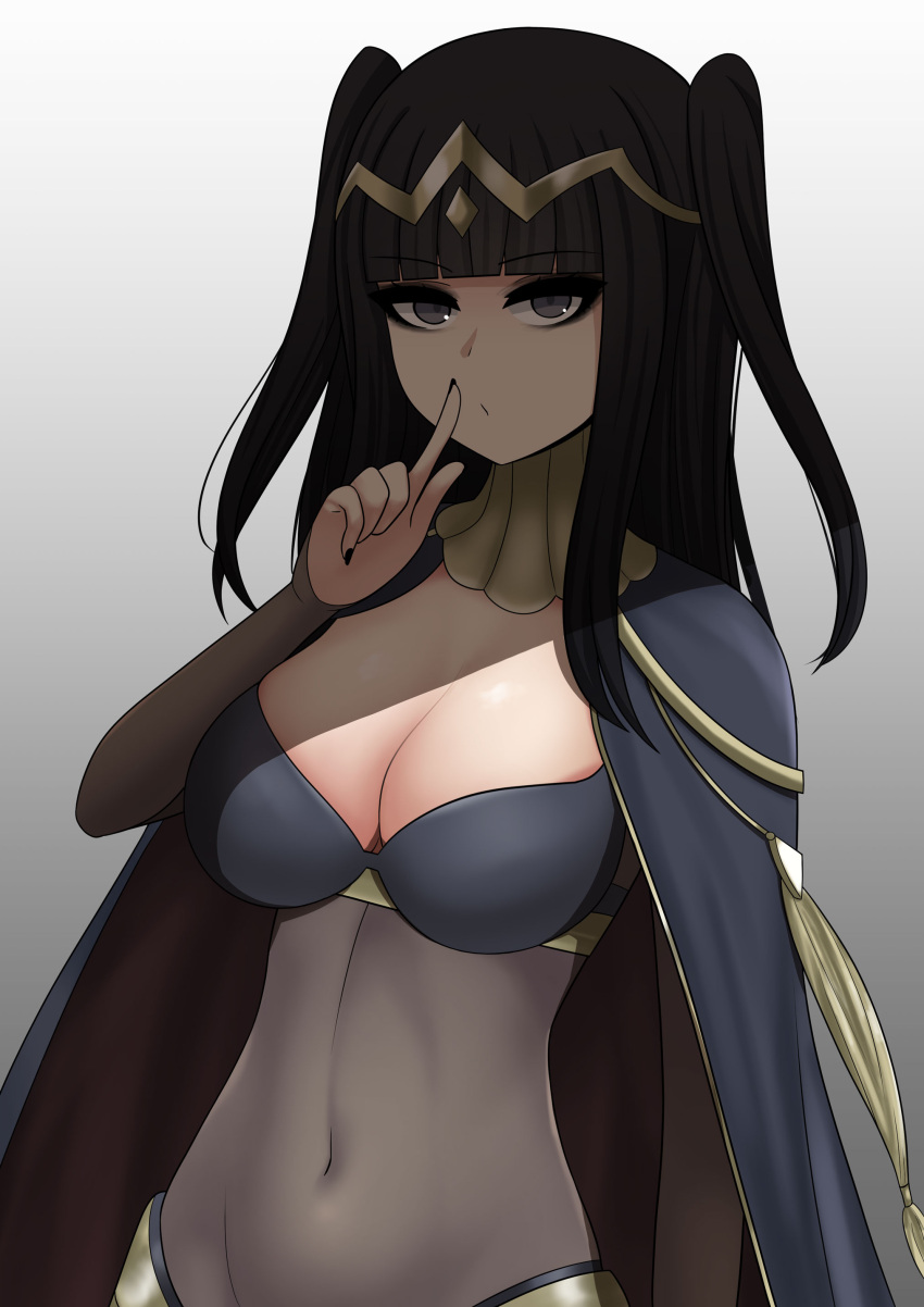 1girl 1girl absurd_res alluring big_breasts black_hair black_nails bodystocking breasts cape cleavage finger_to_mouth fire_emblem fire_emblem_awakening grey_background grey_eyes high_res long_hair looking_at_viewer nail_polish nintendo open_mouth shadow shushing tharja tharja_(fire_emblem) the_only_shoe