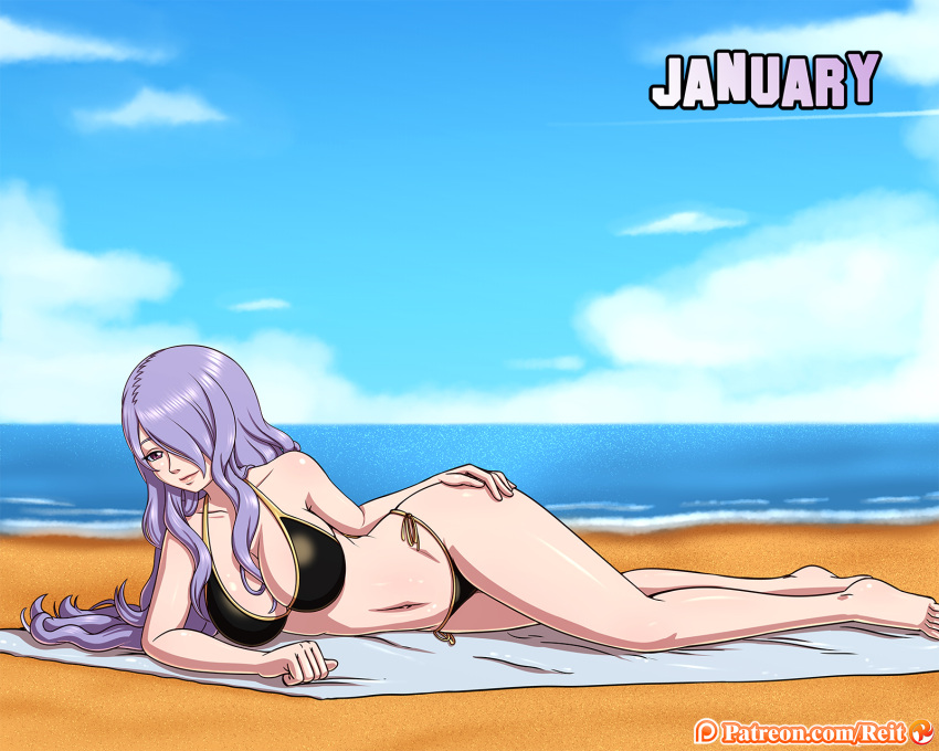 1girl 1girl alluring barefoot beach big_breasts bikini black_bikini breasts camilla_(fire_emblem) cleavage cloud fire_emblem fire_emblem_fates hair_over_one_eye high_res long_hair navel nintendo ocean purple_hair reit sand side-tie_bikini_bottom sky swimsuit towel water