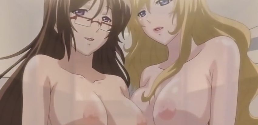 after_sex anime big_breasts blonde_hair brown_hair brunette glasses hentai kiriya_hakushakuke_no_roku_shimai nude pink_pineapple threesome