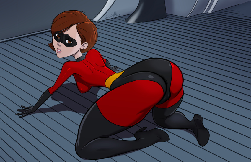 1girl all_fours ass big_ass brown_eyes brown_hair disney elastigirl female_focus female_only helen_parr looking_at_viewer looking_back pixar short_hair stickymon the_incredibles