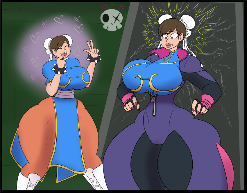 1girl 2_girls capcom chun-li da-fuze huge_breasts juri_han massive_ass massive_thighs street_fighter transformation twinning