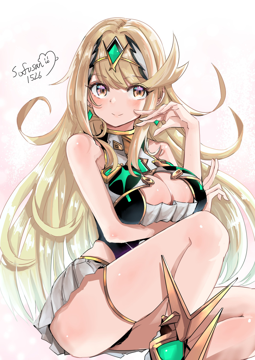 1girl absurd_res alluring artist_name bare_shoulders big_breasts blonde_hair brown_eyes chest_jewel cleavage_cutout clothing_cutout dress high_res hip_vent long_hair looking_at_viewer mythra signature sofusan1526 thighs tiara white_dress xenoblade_(series) xenoblade_chronicles_2