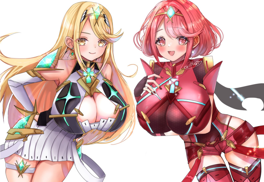 2_girls alluring big_breasts blonde_hair high_res long_hair milf multiple_girls mythra nintendo pichu_kawaii pyra red_eyes red_hair short_hair xenoblade_(series) xenoblade_chronicles_2 yellow_eyes