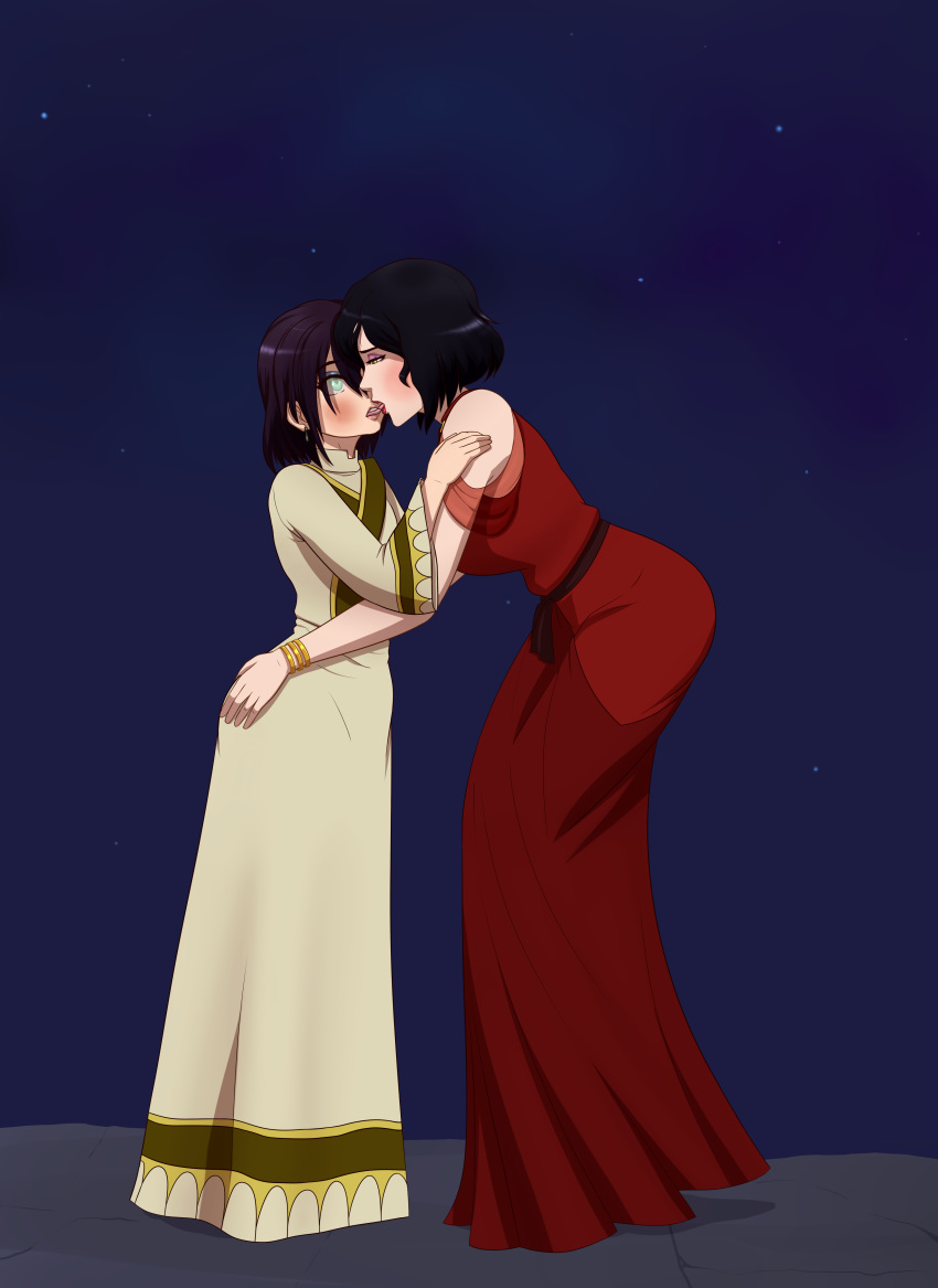 2_girls age_difference asami_sato avatar:_the_last_airbender bent_over black_hair blind blush crossover female/female female_only green_eyes hugging kissing maverick_(artist) night night_sky nightgown red_dress size_difference star the_legend_of_korra time_paradox toph_bei_fong yuri