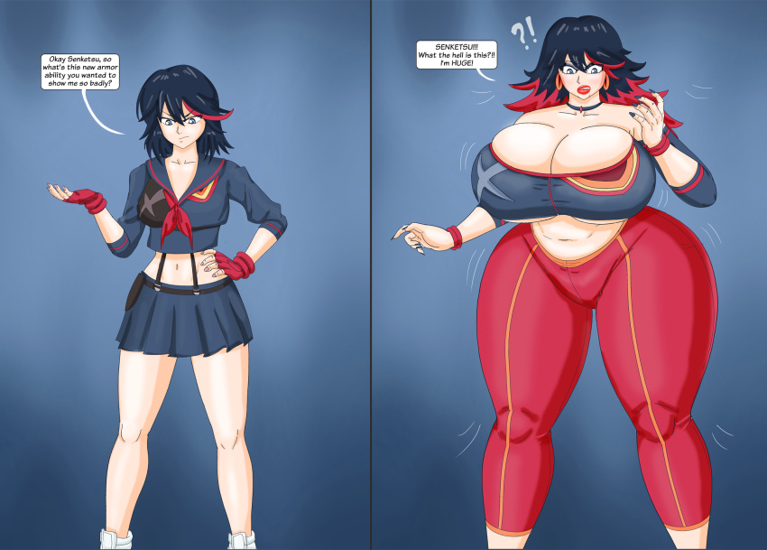 bimbofication black_hair blue_eyes earrings gigantic_ass gigantic_breasts hourglass_figure kill_la_kill matoi_ryuuko milf red_hair saturnxart sexy sexy_ass sexy_body sexy_breasts surprised transformation