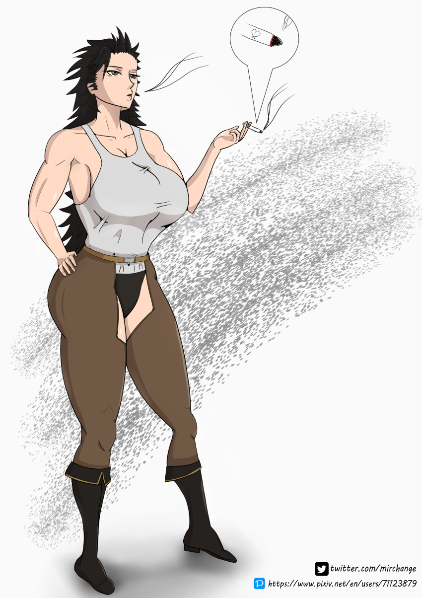 1boy 1girl ass black_clover black_hair breasts ecchi fanart gender_bender genderswap genderswap lips mirchange nsfw nsfw_art open_mouth pixiv smoke smoking tsf twitter_username undershirt yami_sukehiro