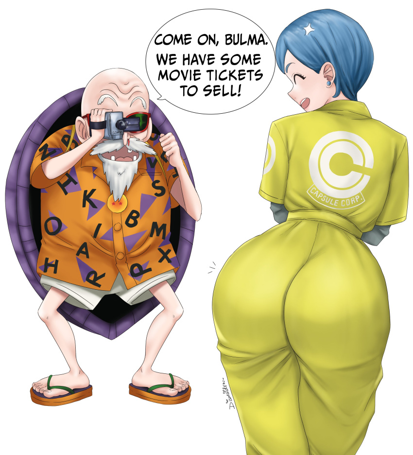 1boy 1girl 1girl anime_milf ass big_ass big_ass blue_hair breasts bulma_brief camera clothed_female dismaiden dragon_ball dragon_ball_super dragon_ball_super:_super_hero funny high_res male male/female master_roshi mature mature_female milf old_man older_male recording short_hair solo_female tagme thick_thighs