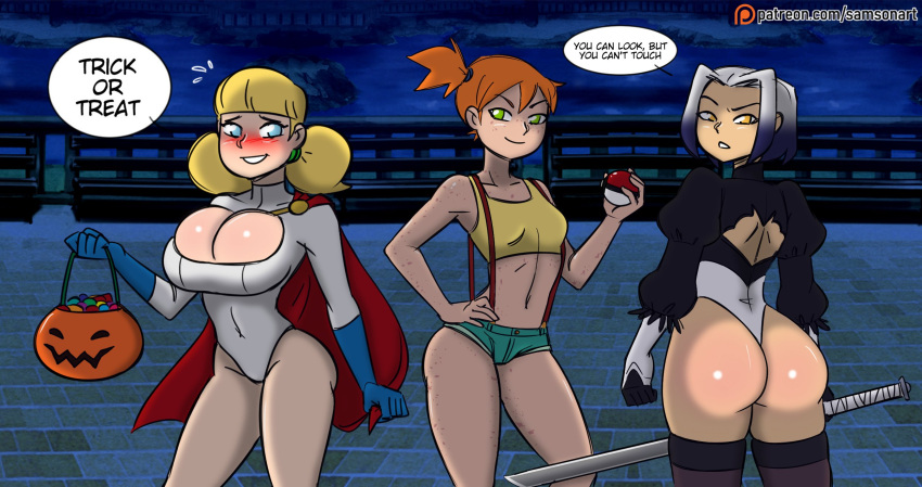 3_girls ass ben_10 big_ass big_breasts blush breasts candy_pail cosplay crossover dat_ass dc_comics denim_shorts gwen_tennyson halloween inspector_gadget jackie_chan_adventures jade_chan kasumi_(pokemon) looking_at_viewer misty_(pokemon)_(cosplay) mrsamson00_(artist) nier:_automata nier_(series) patreon penny_gadget pokeball pokemon power_girl power_girl_(cosplay) samson_00 sword tank_top two_tone_hair yorha_2b yorha_2b_(cosplay) young younger younger_female