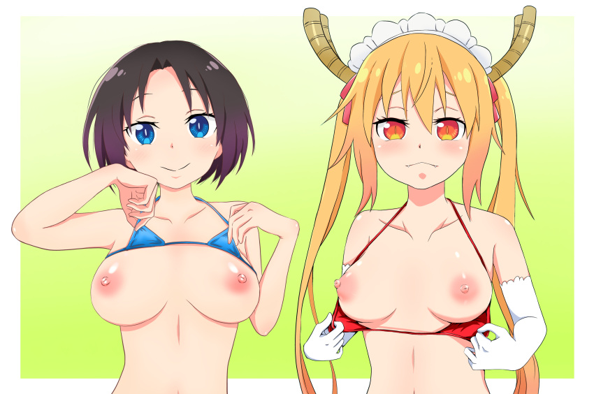 1girl 2_girls big_breasts bikini bikini_top black_hair blue_bikini blue_bikini_top blue_eyes blue_swimsuit blush breasts clothing dragon_girl elbow_gloves elma_(dragon_maid) fangs gloves happy headdress headwear high_resolution horns lifted_by_self long_hair maid_headdress medium_breasts miss_kobayashi's_dragon_maid monster_girl multiple_girls nipples orange_eyes presenting presenting_breasts red_bikini red_bikini_top red_swimsuit shiny shiny_skin short_hair simple_background slit_pupils smile swimsuit tied_hair tohru_(dragon_maid) twin_tails very_high_resolution white_armwear white_elbow_gloves white_gloves