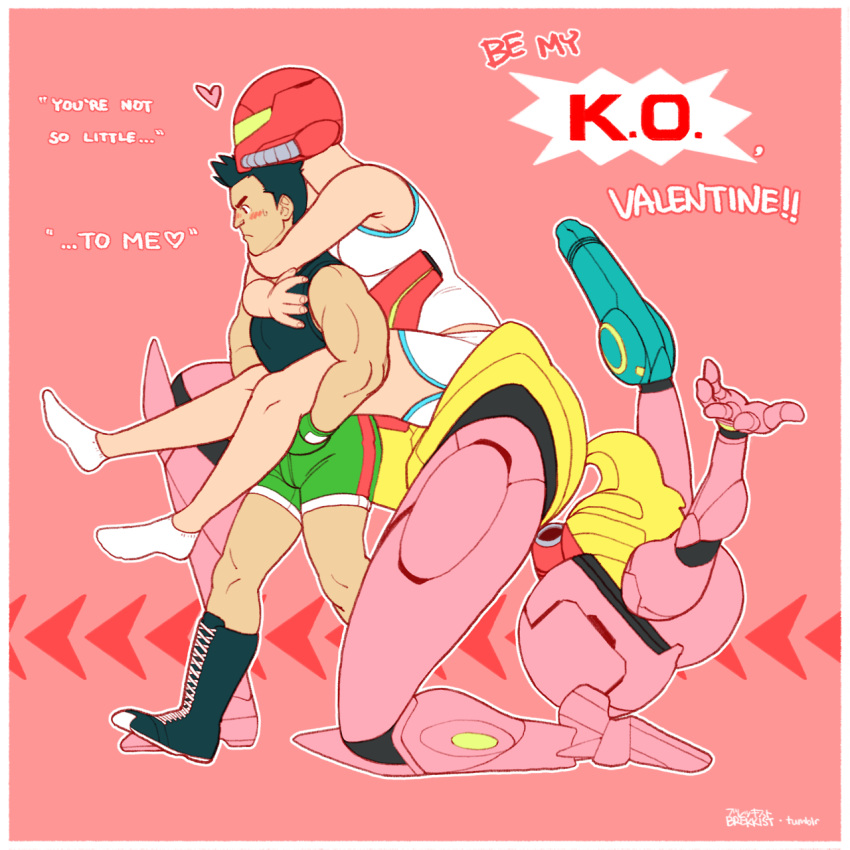 1boy 1girl blonde_hair blush boxing_gloves brekkist crossover height_difference highres little_mac metroid nintendo piggyback punch-out!! punch_out!! samus_aran short_shorts shorts simple_background super_smash_bros. tank_top valentine varia_suit