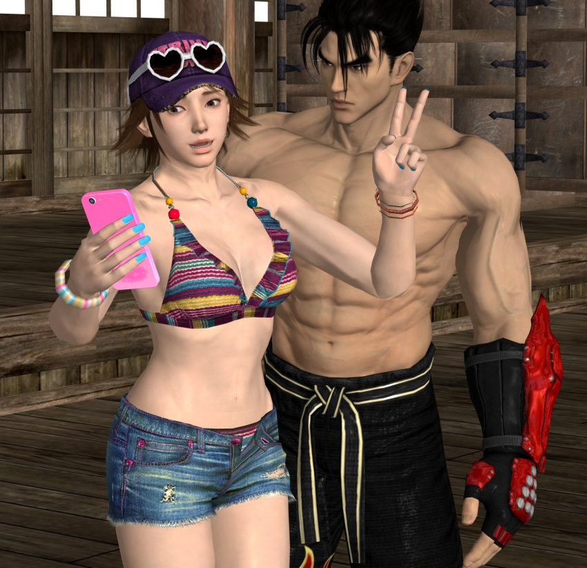 1boy 1girl abs alluring amber_hair athletic_female athletic_male bikini black_hair fit_female fit_male hirano_miharu jin_kazama karate_pants kazama_jin miharu_hirano namco peace_sign phoenixiaoyu phone selfpic shorts tekken tekken_3 tekken_4 tekken_5_dark_resurrection tekken_7 tekken_8 tekken_tag_tournament tekken_tag_tournament_2 v