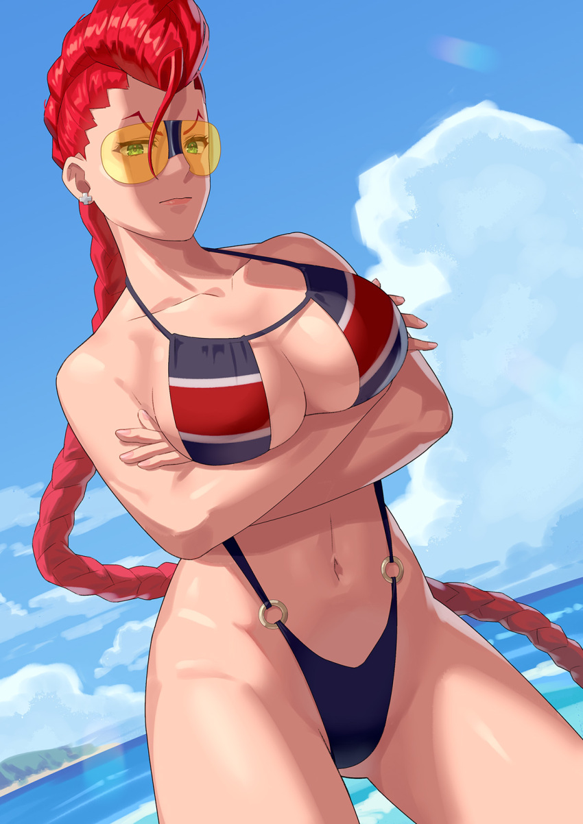 1girl beach bikini breasts capcom crimson_viper green_eyes red_hair redhead street_fighter thighs twitter yagi yagi2105