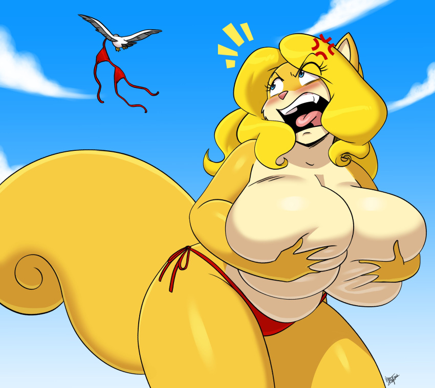 aeolus bbw beach bikini bikini_bottom bikini_top bra breasts_bigger_than_head huge_breasts no_humans panties red_bikini red_bikini_bottom red_bikini_top red_bra red_panties ronzo shonuff shonuff44 squirrel squirrel_girl sweetcorn