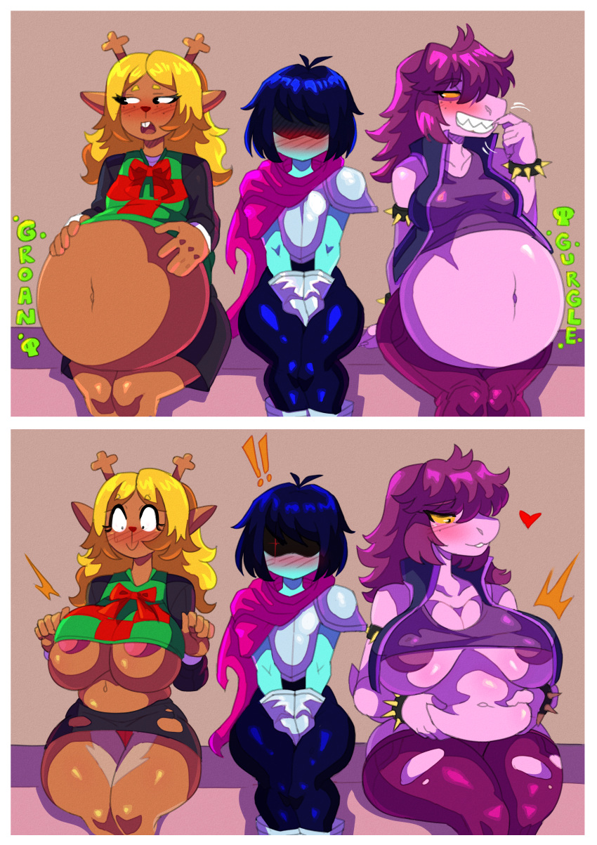 2d 2d_(artwork) anthro big_belly big_breasts breast_expansion deltarune digestion digital_media_(artwork) huge_breasts human kris_(dark_world_form) kris_(deltarune) noelle_holiday sunnyhero susie_(dark_world_form) susie_(deltarune) thick_thighs undertale_(series) video_game_character video_games vore