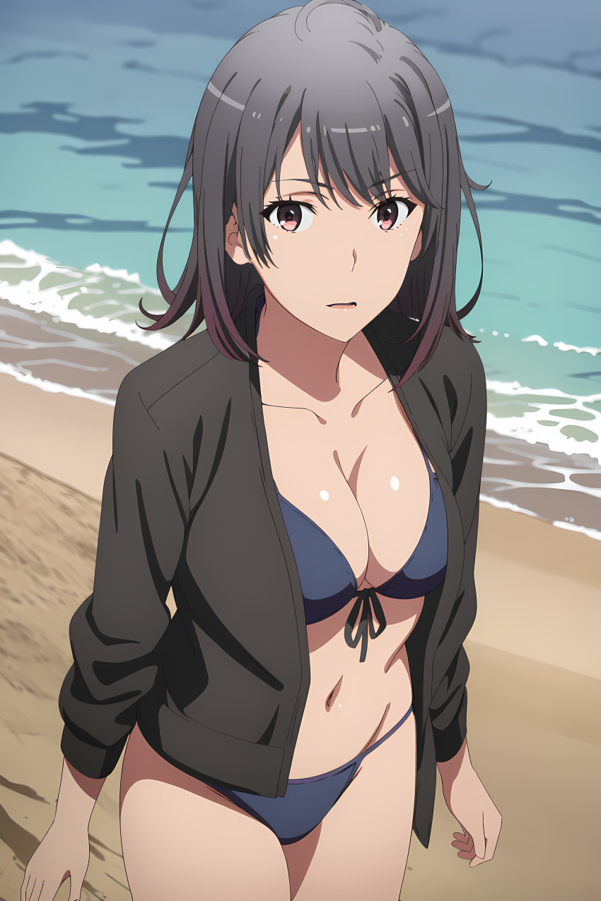 1girl alluring beach big_breasts bikini black_hair cleavage magenta_eyes nios ocean open_shirt silf yahari_ore_no_seishun_lovecome_wa_machigatteiru. yukinoshita_haruno