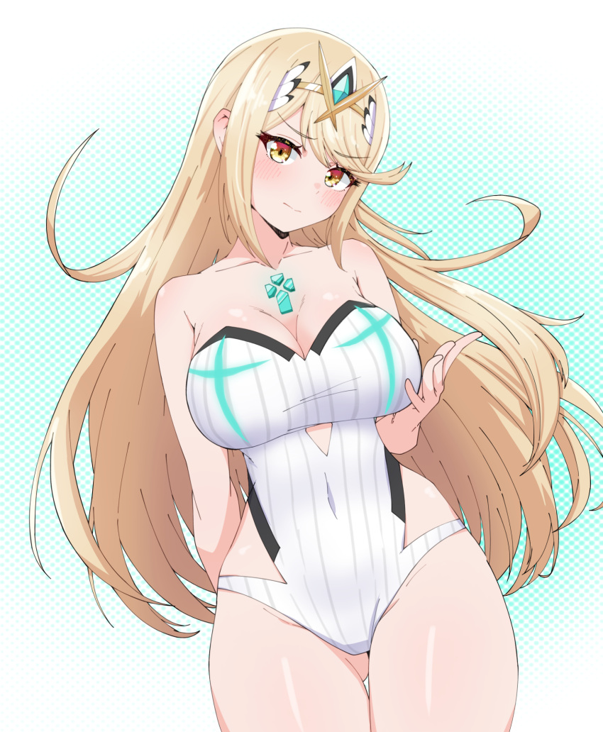 1girl alluring big_breasts chest_jewel cleavage core_crystal high_res kamidan long_hair mythra mythra_(radiant_beach)_(xenoblade) mythra_(xenoblade) nintendo very_long_hair xenoblade_(series) xenoblade_chronicles_(series) xenoblade_chronicles_2 yellow_eyes