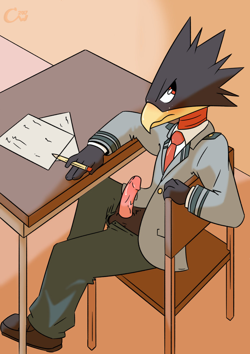 1boy 2010s 2017 2d 2d_(artwork) animal_head animal_humanoid anime avian avian_humanoid balls beak bird_humanoid black_body blush boku_no_hero_academia carpetwurm chair class desk digital_media_(artwork) embarrassed erection fumikage_tokoyami humanoid humanoid_genitalia humanoid_penis looking_at_viewer male male_focus male_only my_hero_academia penis penis_out red_eyes school_uniform sitting sitting_on_chair solo_male tokoyami_fumikage u.a._school_uniform yellow_beak