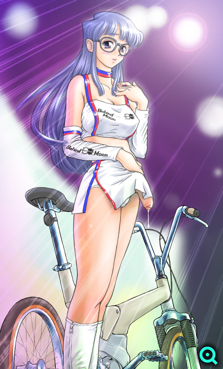 1girl absurdres behind_moon bicycle blue_eyes blue_hair blush boots bulge cameltail costume cum detached_sleeves dulce_report futanari glasses highres kiyose_aoi long_hair midriff miniskirt panties penis q_(artist) skirt tubetop uncensored underwear upskirt zipper