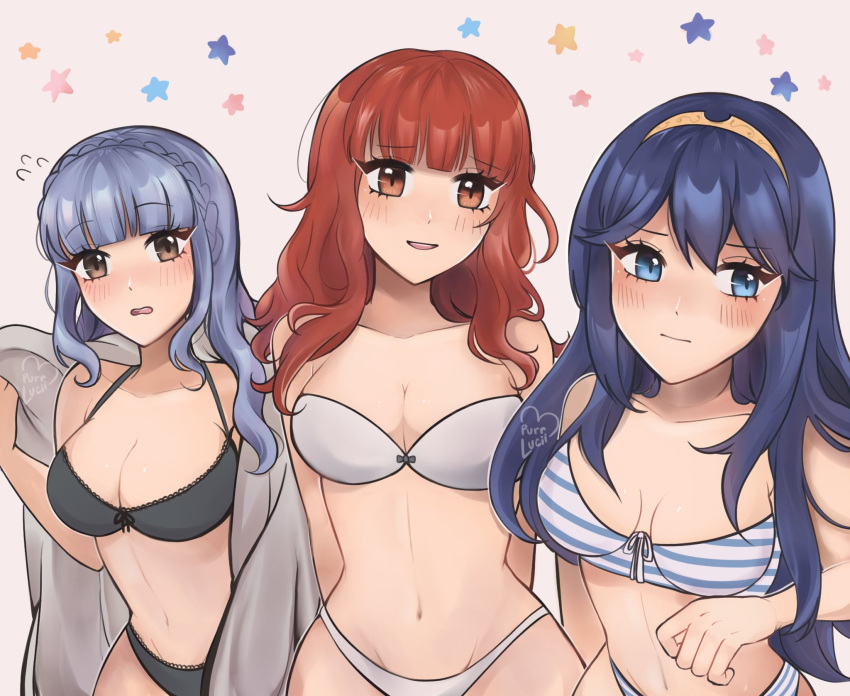 3_girls alluring bikini black_bikini blue_hair celica celica_(fire_emblem) fire_emblem fire_emblem:_three_houses fire_emblem_awakening fire_emblem_echoes:_shadows_of_valentia fire_emblem_gaiden looking_at_viewer lucina lucina_(fire_emblem) marianne_von_edmund multiple_girls nintendo purrlucii red_hair striped striped_bikini swimsuit tiara white_bikini