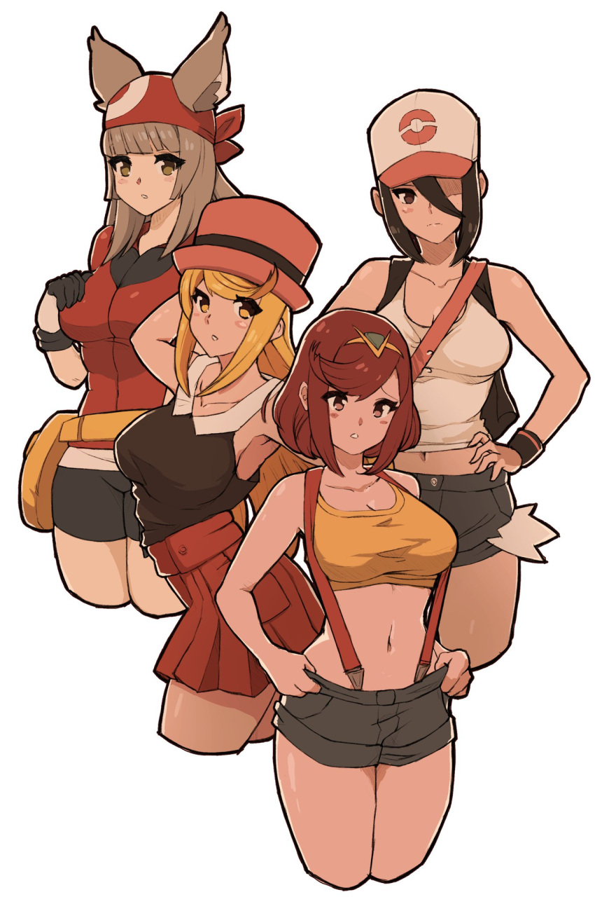 4girls alluring babus_games bag bangs big_breasts bike_shorts black_hair blonde_hair breasts brown_eyes cat_ears cat_girl colored cosplay hair_over_one_eye hilda_(pokemon)_(cosplay) jean_shorts long_hair looking_at_viewer may_(pokemon)_(cosplay) midriff misty_(pokemon)_(cosplay) morag_ladair mythra navel nia nia_(blade) nia_(xenoblade) nintendo pokeball_symbol pokemon pokemon_bw pokemon_rgby pokemon_rse pokemon_xy pyra red_eyes red_hair satchel serena_(pokemon)_(cosplay) short_hair silver_hair swept_bangs tiara tight_clothing xenoblade_(series) xenoblade_chronicles_2 yellow_eyes