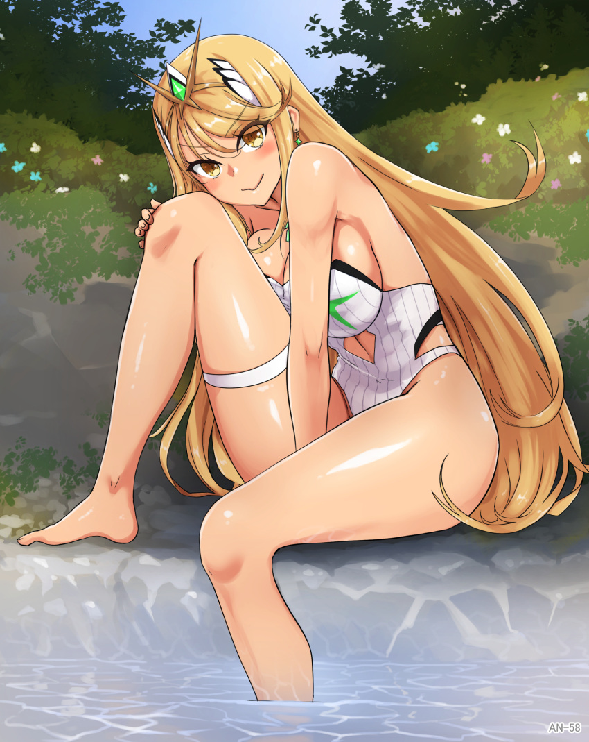 1girl alluring angoha bare_legs big_breasts bikini blonde_hair blush core_crystal female_only light-skinned_female light_skin long_hair looking_at_viewer mythra mythra_(xenoblade) nintendo nurutekan one-piece_bikini swimsuit thick_thighs thighs very_long_hair xenoblade_(series) xenoblade_chronicles_2 yellow_eyes