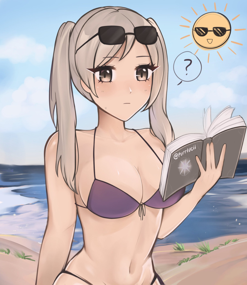 1girl 1girl 1girl alluring alternate_costume beach big_breasts bikini book cleavage eyewear_on_head female_only fire_emblem fire_emblem_awakening grey_hair nintendo ocean outside purple_bikini purple_swimsuit purrlucii robin_(fire_emblem) robin_(fire_emblem)_(female) sand silver_hair sunglasses sunglasses_on_head swimsuit twin_tails white_hair